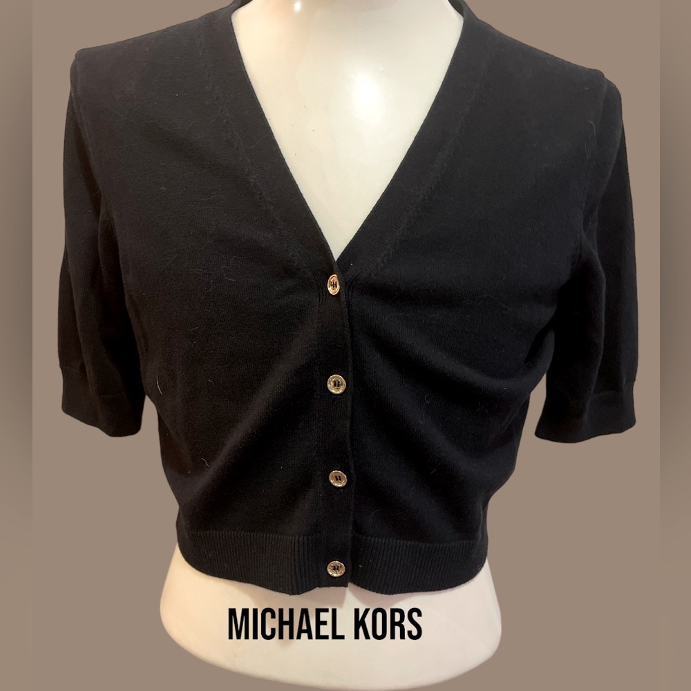 Michael Kors cropped half length cardigan adorned with gold tone buttons